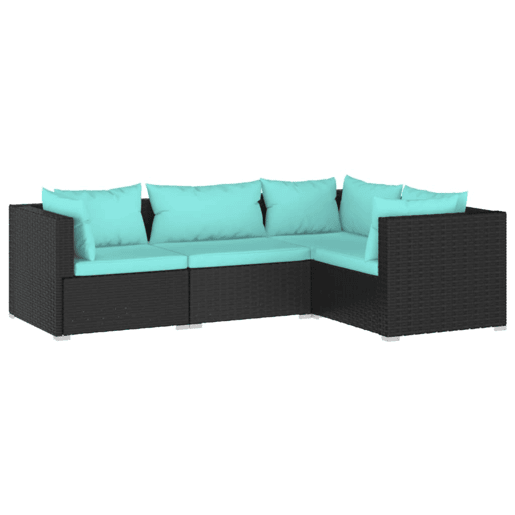 Móveis de jardim móveis de exterior Conjunto de móveis de 4 peças com almofadas de resina tecida preta 02_0016203 Móveis de jardim móveis de exterior Conjunto de móveis de 4 peças com almofadas de resina tecida preta 02_0016203
