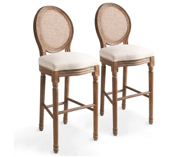 Juego de dos taburetes de bar de diseño con asiento de silla de ratán blanco crema 1202150