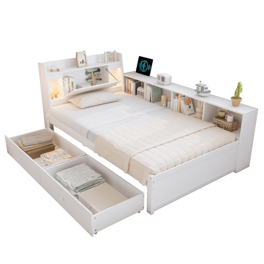 Cama juvenile,cama de solteiro de madeira de pinho 90x200cm com 2 gavetas,branco