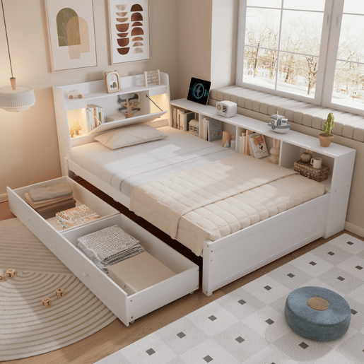 Cama juvenile,cama de solteiro de madeira de pinho 90x200cm com 2 gavetas,branco