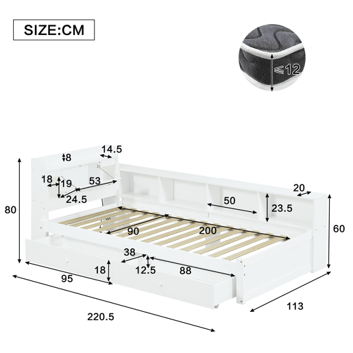 Cama juvenile,cama de solteiro de madeira de pinho 90x200cm com 2 gavetas,branco
