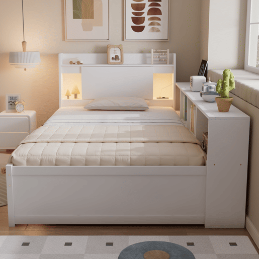 Cama juvenile,cama de solteiro de madeira de pinho 90x200cm com 2 gavetas,branco