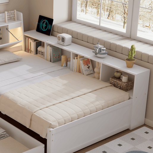 Cama juvenile,cama de solteiro de madeira de pinho 90x200cm com 2 gavetas,branco