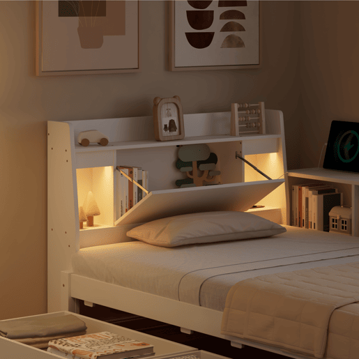 Cama juvenile,cama de solteiro de madeira de pinho 90x200cm com 2 gavetas,branco