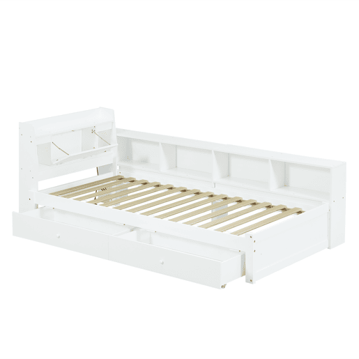 Cama juvenile,cama de solteiro de madeira de pinho 90x200cm com 2 gavetas,branco
