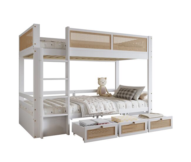 Litera infantil de madera de pino 90x200cm con 3 cajones,blanco+natural