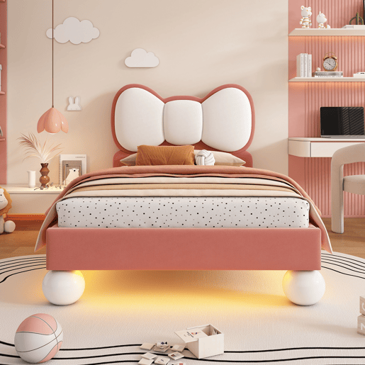 Cama de criança,cama de solteiro de veludo 90x200cm com luz led,rosa+branco