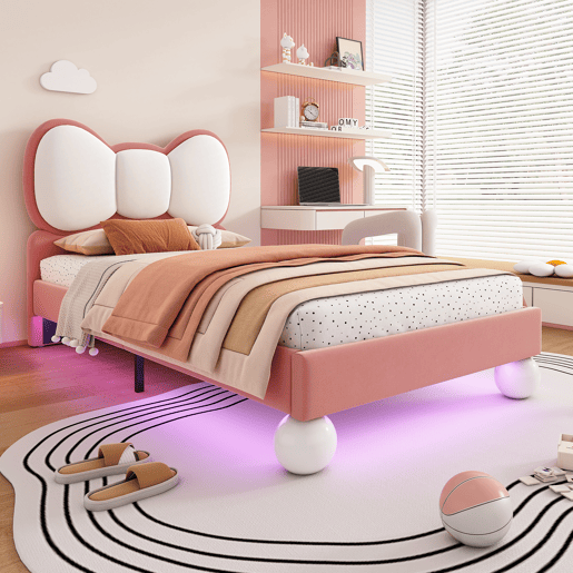 Cama de criança,cama de solteiro de veludo 90x200cm com luz led,rosa+branco