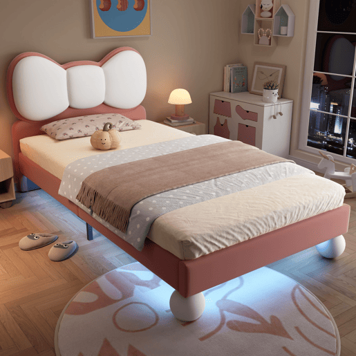 Cama de criança,cama de solteiro de veludo 90x200cm com luz led,rosa+branco