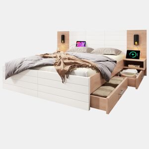 Cama de casal de madeira maciça 180x200cm com 2 gavetas,branco+carvalho