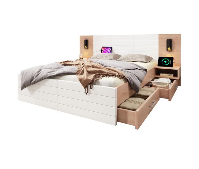 Cama de matrimonio de madera maciza 180x200cm con 2 cajones,blanco+roble