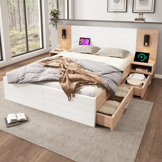 Cama de casal de madeira maciça 180x200cm com 2 gavetas,branco+carvalho Cama de casal de madeira maciça 180x200cm com 2 gavetas,branco+carvalho
