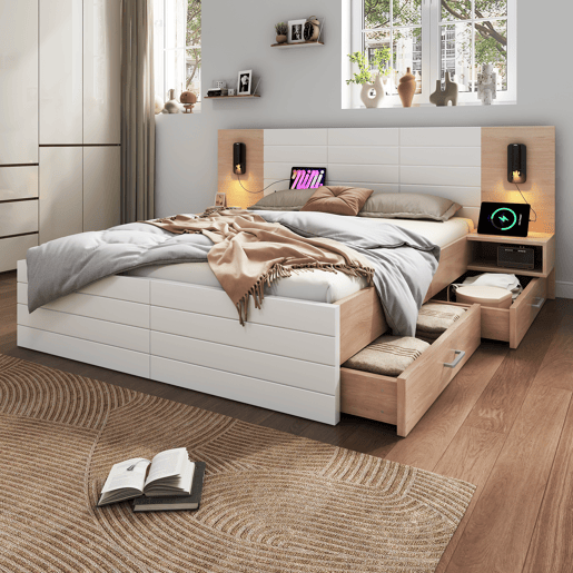 Cama de casal de madeira maciça 180x200cm com 2 gavetas,branco+carvalho Cama de casal de madeira maciça 180x200cm com 2 gavetas,branco+carvalho