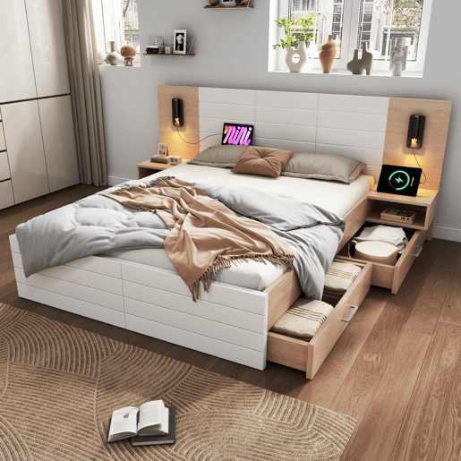 Cama de casal de madeira maciça 180x200cm com 2 gavetas,branco+carvalho Cama de casal de madeira maciça 180x200cm com 2 gavetas,branco+carvalho