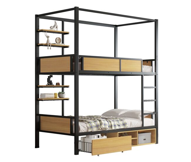 Litera infantil de metal y mdf 90x200cm con 1 cajón,negro+natural