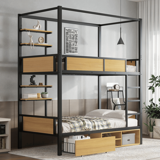 Beliche de metal e mdf 90x200cm com 1 gaveta,preto+natural