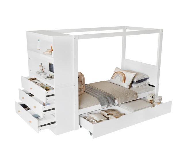 Cama juvenil,cama individual de madera de pino 90x200cm,blanco