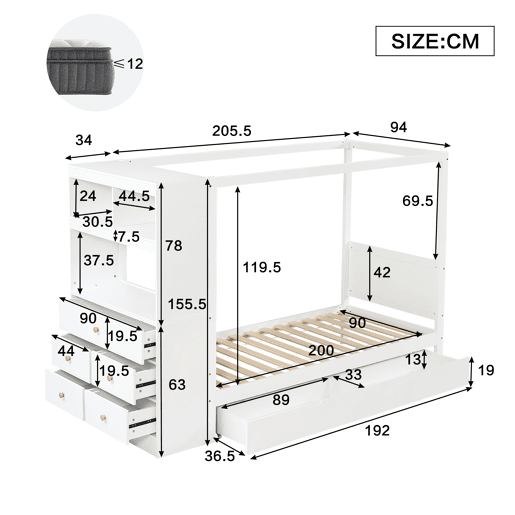 Cama juvenile,cama de solteiro de madeira de pinho 90x200cm,branco