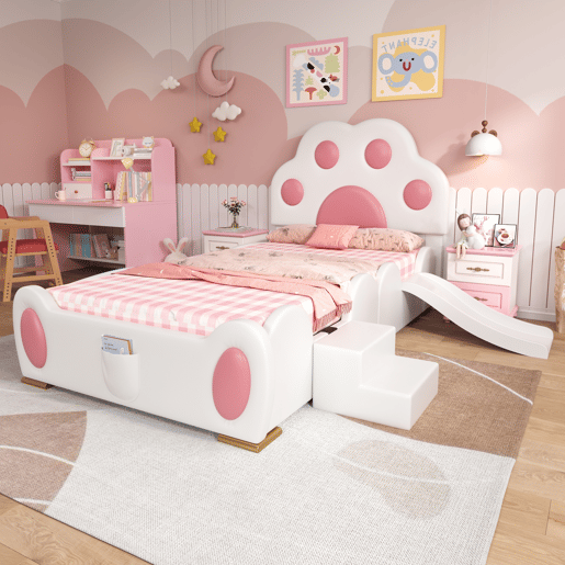Cama de criança,cama de solteiro de pu 90x200cm,branco+rosa Cama de criança,cama de solteiro de pu 90x200cm,branco+rosa