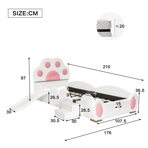 Cama de criança,cama de solteiro de pu 90x200cm,branco+rosa Cama de criança,cama de solteiro de pu 90x200cm,branco+rosa