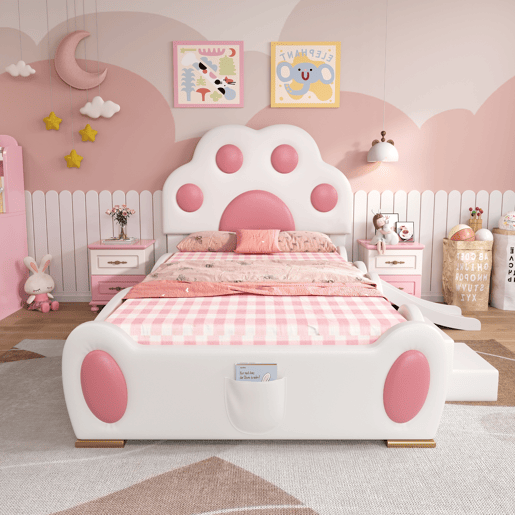 Cama de criança,cama de solteiro de pu 90x200cm,branco+rosa Cama de criança,cama de solteiro de pu 90x200cm,branco+rosa