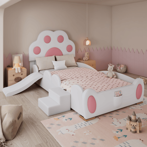 Cama de criança,cama de solteiro de pu 90x200cm,branco+rosa Cama de criança,cama de solteiro de pu 90x200cm,branco+rosa