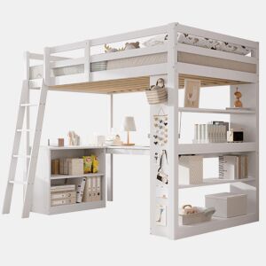 Cama de criança,cama alta de madeira de pinho 90x200cm,branco