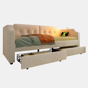 Sofá cama individual de veludo 90x200cm com 2 gavetas,bege