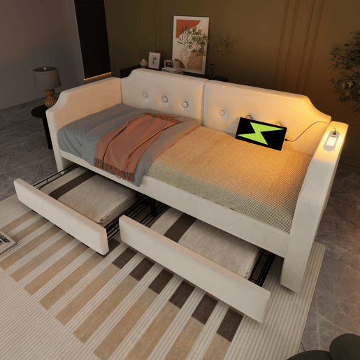 Sofá cama individual de veludo 90x200cm com 2 gavetas,bege