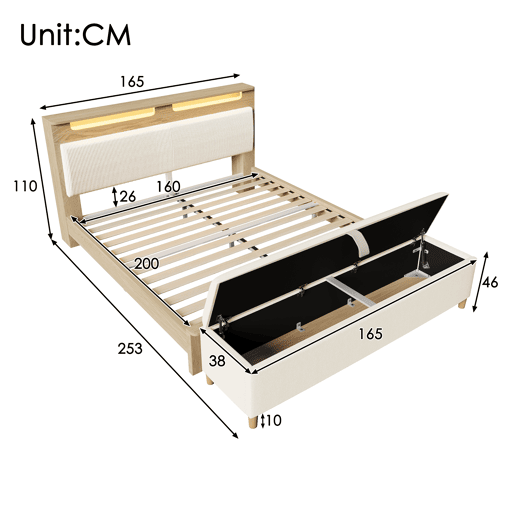 Cama de casal de madeira maciça 160x200cm com banco e luz led,bege