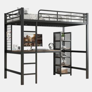 Cama de criança,cama alta de metal e mdf 90x200cm,preto+natural