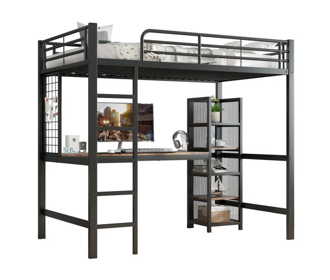 Cama infantil,cama alta de metal y mdf 90x200cm,negro+natural