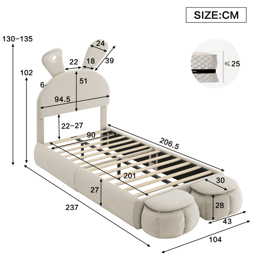 Cama de criança,cama de solteiro de veludo 90x200cm com luz led,branco