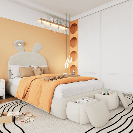 Cama de criança,cama de solteiro de veludo 90x200cm com luz led,branco