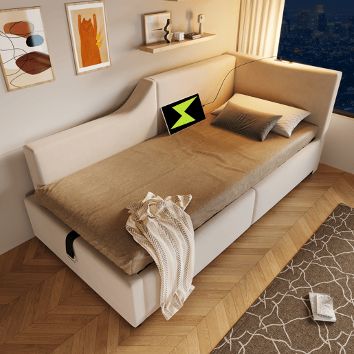Cama de solteiro de veludo 90x200cm com armazenamento,bege