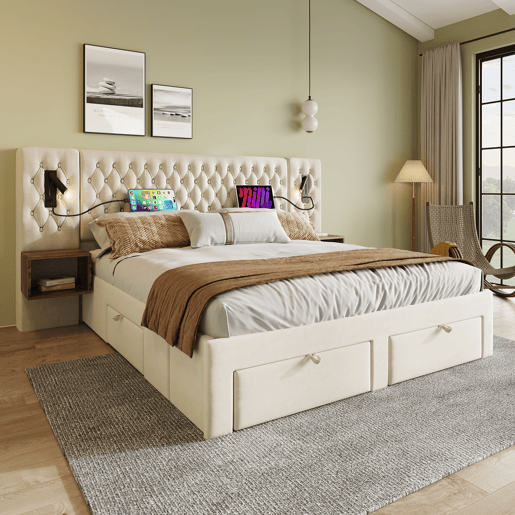 Cama de casal de veludo 180x200cm com 4 gavetas,bege