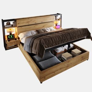 Cama de casal de mdf e metal 160x200cm com armazenamento,carvalho