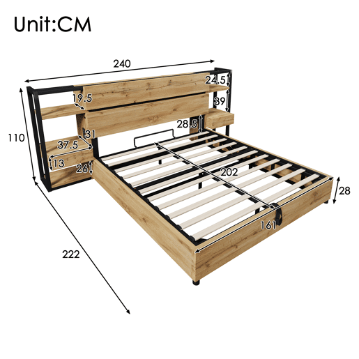 Cama de casal de mdf e metal 160x200cm com armazenamento,carvalho