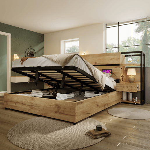 Cama de casal de mdf e metal 160x200cm com armazenamento,carvalho