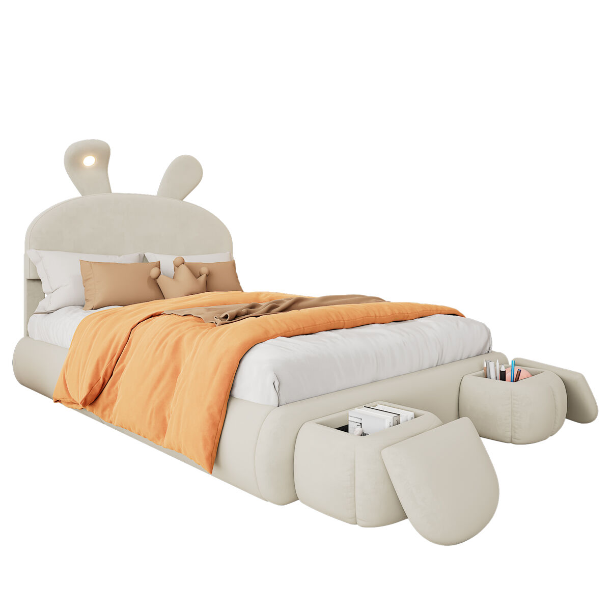 Cama infantil de terciopelo con almacenaje 154x238 Blanco