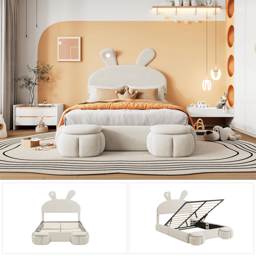 Cama de criança,cama de casal de veludo 140x200cm com armazenamento e luz led,branco