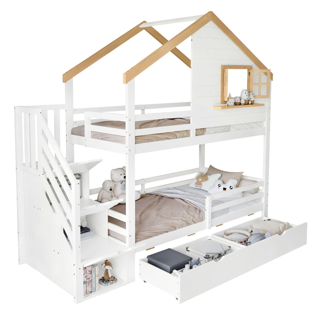 Litera infantil de madera de pino con 2 cajones