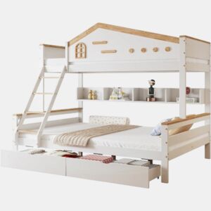 Beliche de madeira de pinho 90x200(140x200)cm com 2 gavetas,branco+natural
