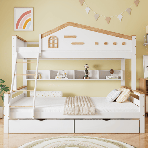 Beliche de madeira de pinho 90x200(140x200)cm com 2 gavetas,branco+natural