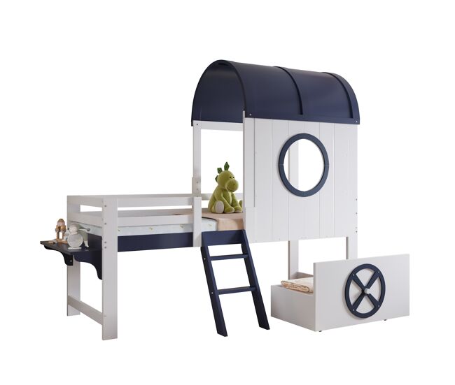 Cama infantil,cama alta,cama de media altura de madera de pino 90x200cm,blanco+azul