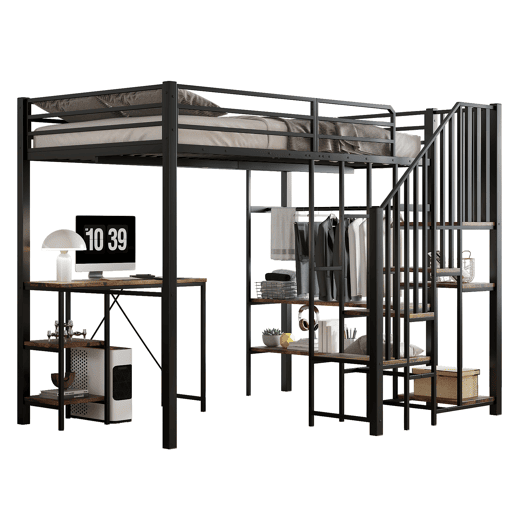 Cama de criança,cama alta de metal e mdf 120x200cm,preto+natural