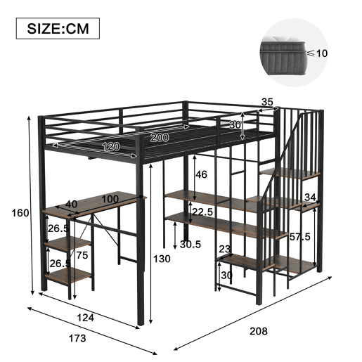 Cama de criança,cama alta de metal e mdf 120x200cm,preto+natural