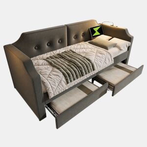 Sofá cama individual de veludo 90x200cm com 2 gavetas,cinzento