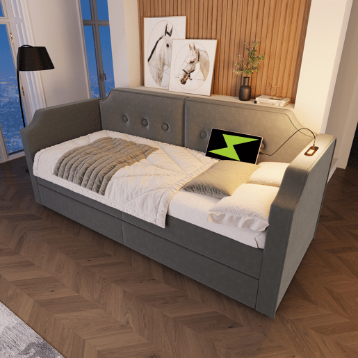 Sofá cama individual de veludo 90x200cm com 2 gavetas,cinzento