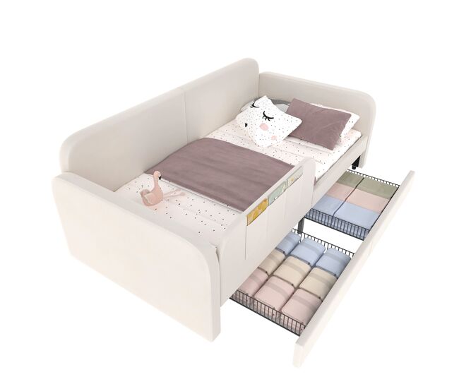 Sofá cama individual de terciopelo 90x200cm con 2 cajónes,blanco